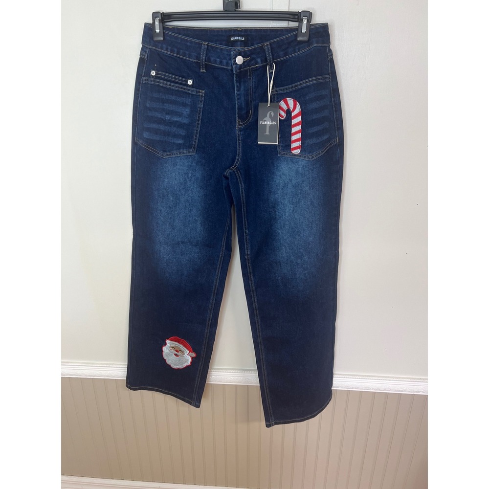 Flamingals Womens Christmas Holiday Santa Candy Cane Patch Jeans Dark Wash L